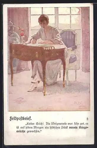 Künstler-AK Brynolf Wennerberg: junge Dame schreibt einen Feldpostbrief, Werbung für Kriegsanleihe