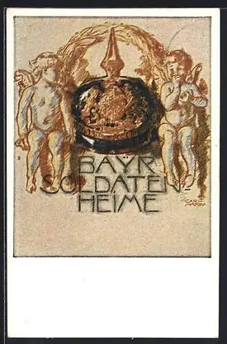 Künstler-AK Bayr. Soldatenheime, Zwei Engel neben grosser Pickelhaube, Kriegshilfe