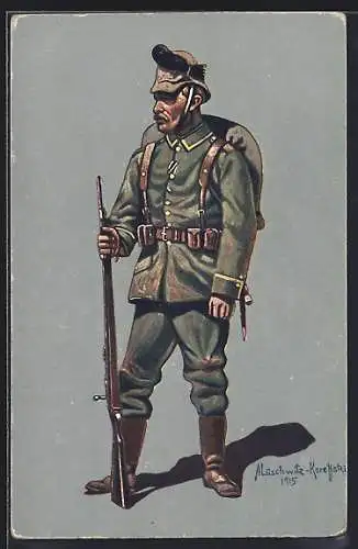 Künstler-AK Unteroffizier in Felduniform, Königlich sächsisches Schützen-Regiment Prinz Georg Nr. 108