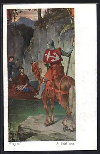 Künstler-AK A. Spiess / F. v. Piloty: Parsival, Karte-Nr. 4422, Ritter zu Pferd trifft auf Männer im Boot