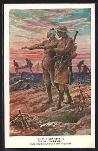 AK englischer Soldat mit einem blinden Soldaten auf dem Schlachtfeld