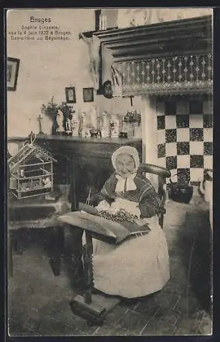 AK Bruges, Dentellière au Bèguinage Sophie Linzeele, Klöpplerin bei der Arbeit, Vogelkäfig
