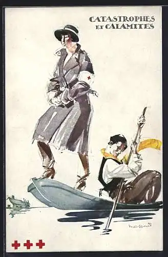 AK Croix Rouge de Belgique, Frau vom roten Kreuz und Mann im Boot