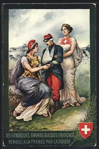 Künstler-AK France, Les Heroiques Grands blessés Francais rendus a la France par la Suisse, Verwundeter Soldat