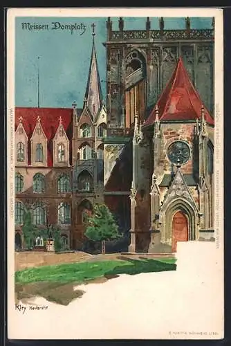 Künstler-Lithographie Heinrich Kley: Meissen, Domplatz mit Denkmal