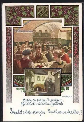 Künstler-AK Perchtoldsdorf, Rathauskeller, Aussen- und Innenansicht