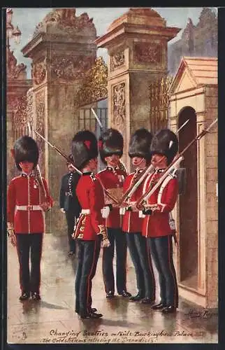 Künstler-AK Harry Payne: Wachablösung vor dem Buckingham Palace, Coldstream Guards