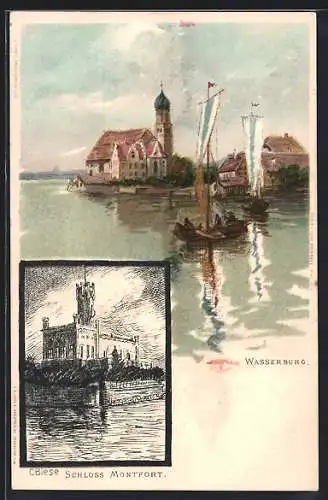Künstler-AK C. Biese: Wasserburg / Bodensee, Teilansicht mit Kirche und Segelbooten davor, Schloss Montfort