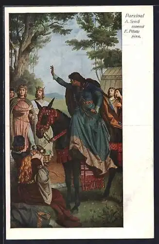 Künstler-AK A. Spiess: Parsival, Frau auf dem Pferd und weinendes Mädchen