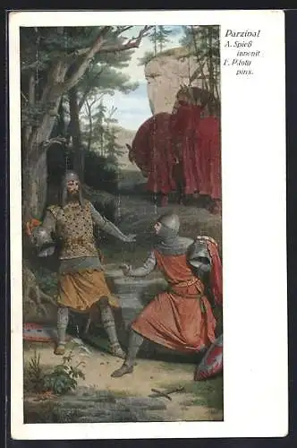 Künstler-AK A. Spiess / F. Piloty: Parsival, Ritter nehmen ihre Helme ab