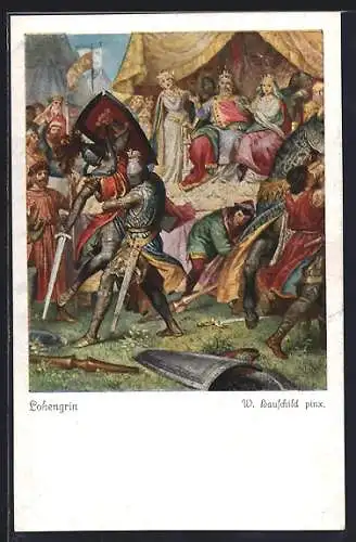 Künstler-AK W. Hauschild: Lohengrin, Ritterkampf an Land