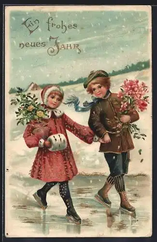 AK Kinder mit Schlittschuh & Blumen