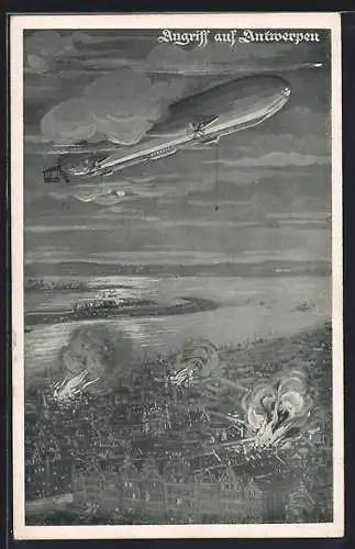 AK Antwerpen, Zeppelin über der brennenden Stadt