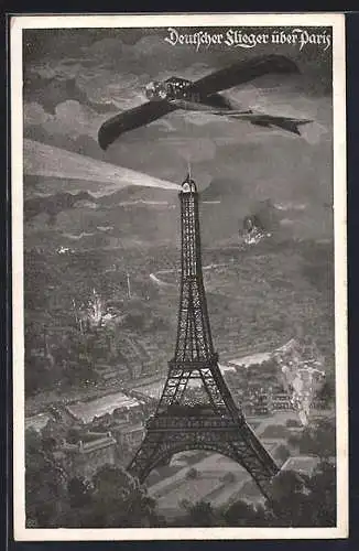 Künstler-AK Deutscher Luftflotten-Verein, Flieger über Paris, Eiffelturm