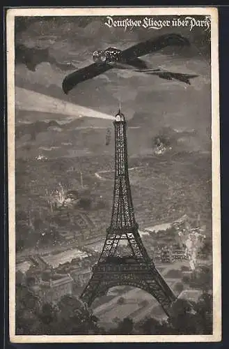 Künstler-AK Deutscher Luftflotten-Verein, Flieger über Paris, Eiffelturm