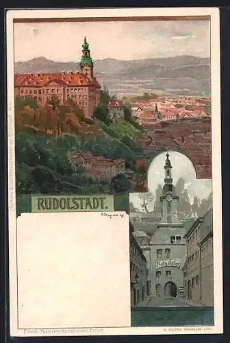 Künstler-AK Albert Stagura: Rudolstadt, Panorama und Rathskeller