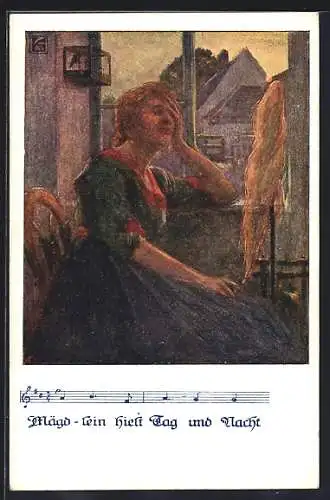 AK Deutscher Schulverein NR.1378: Verzweifelte Dame am Fenster, Lied