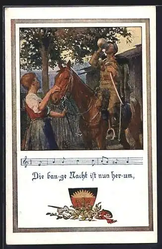 Künstler-AK Karl Friedrich Gsur, Deutscher Schulverein Nr. 1234: Soldat hat Unterkunft auf einem Bauernhof gefunden