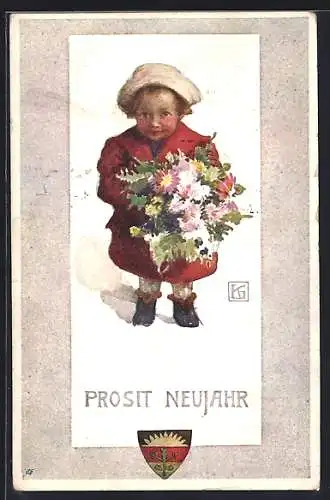 AK Deutscher Schulverein Nr. 380: Prosit Neujahr!, Kleinkind mit Blumenstrauss