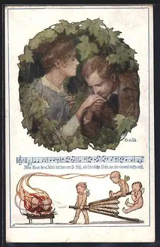 AK Deutscher Schulverein Nr.906: Kein Feuer, keine Kohle tut brennen so heiss..., Noten- und Textzeile, Liebespaar