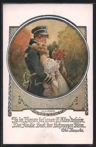Künstler-AK W. Braun, Deutscher Schulverein Nr. 1199: Soldat in Uniform umarmt seine Geliebte