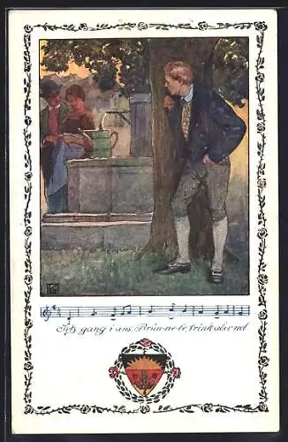 Künstler-AK Karl Friedrich Gsur: Deutscher Schulverein Nr. 368, Jetz gang i ans Brünnele, trink aber net