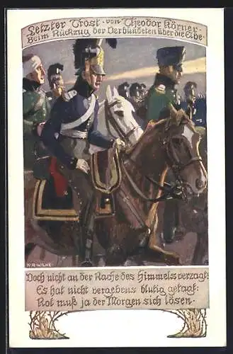 Künstler-AK Karl Alex Wilke: Theodor Körner, Letzter Trost, Kavalleristen zu Pferde, Befreiungskriege