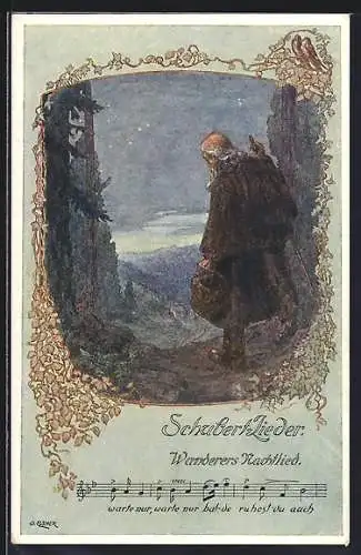 Künstler-AK sign. O. Elsner: Schubert-Lieder, Wanderers Nachtlied, warte nur, warte nur...