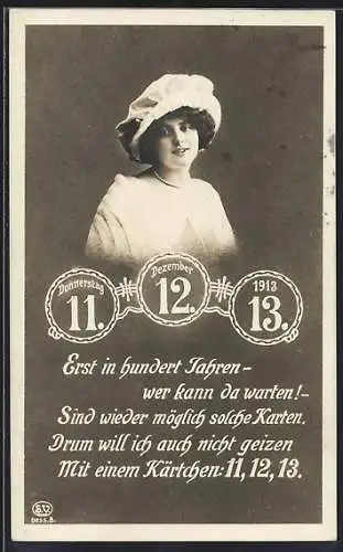 AK 11. 12. 13, Erst in hundert Jahren - wer kann da warten?, Portrait einer jungen Frau mit Hut u. Perlenkette