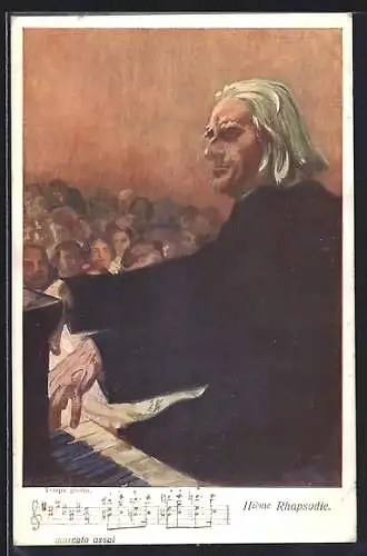 Künstler-AK Komponist Franz Liszt spielt Klavier, Rhapsodie, Noten