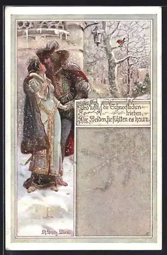 AK Deutscher Schulverein NR: 76, Mann und Frau küssen sich im Schnee