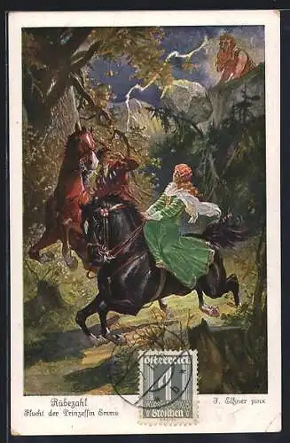 Künstler-AK sign. F. Elssner: Rübezahl, Flucht der Prinzessin Emma, Rübezahl wirft Blitze und Felsen auf die Prinzessin