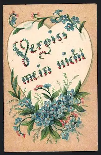 Lithographie Vergissmeinnicht um Herz