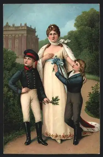 AK Königin Luise von Preussen, mit den beiden ältesten Prinzen im Park v. Sanssouci