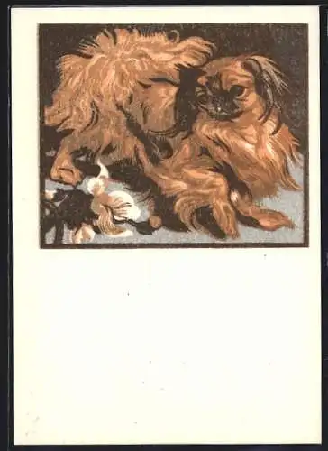 Künstler-AK Norbertine Bresslern-Roth: Pekinese mit Blume