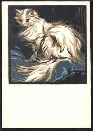 Künstler-AK Norbertine Bresslern-Roth, Katze auf einer blauen Decke