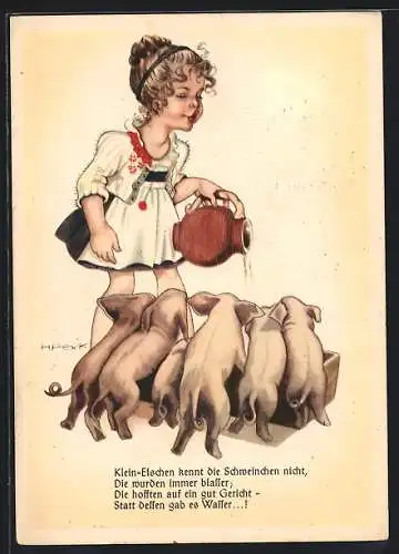 Künstler-AK Hilla Peyk: Klein-Elschen kennt die Schweinchen nicht, die wurden immer blasser..., Scherz