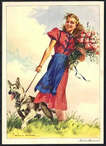 AK Reklame Indanthren Textilien, hübsche Frau mit Hund