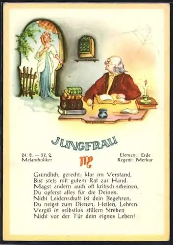 AK Sternzeichen Jungfrau, Mann beobachtet eine junge Frau