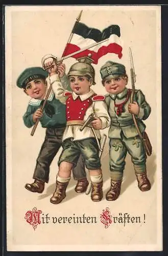 AK Kinder verkleidet als Soldaten des Zweibundes mit Fahne, Säbel u. Gewehr
