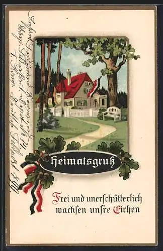 AK Heimatsgruss, Frei und unerschütterlich..., Landschaft mit einem Haus