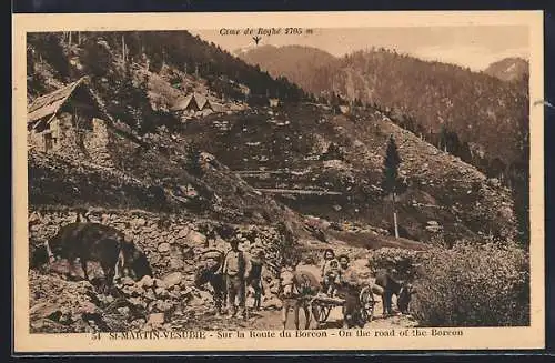 AK Saint-Martin-Vésubie, Sur la Route du Boréon avec villageois et animaux dans un paysage montagneux