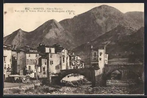 AK Sospel, Vue sur le Vieux Pont et les Montagnes d`Italie