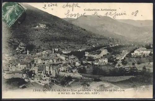AK Sospel, Vue générale, Vallée de la Bévéra à 43 km de Nice (Alt. 388 m)