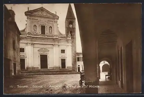 AK Sospel, Église et arcades de la Place St Michel