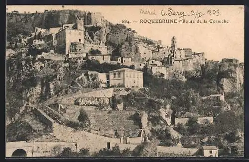 AK Roquebrune, Vue de la Route de la Corniche et du village perché