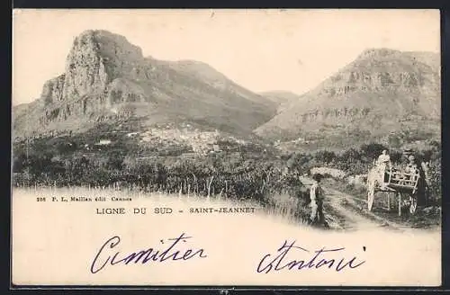AK Saint-Jeannet, Ligne du Sud avec vue sur les montagnes et une charrette sur le chemin