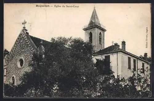 AK Roquefort, Église du Sacré-Coeur et son clocher imposant