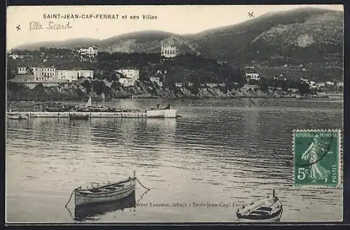 AK Saint-Jean-Cap-Ferrat, Vue sur les villas et la côte avec barques