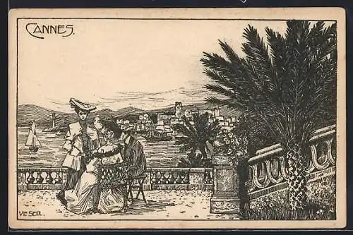 Künstler-AK Cannes, Promenade avec vue sur le port et palmiers